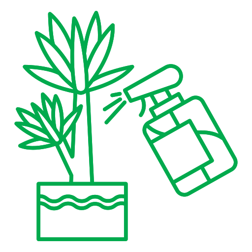 An outlined icon of a tropical plant being watered with a spray bottle